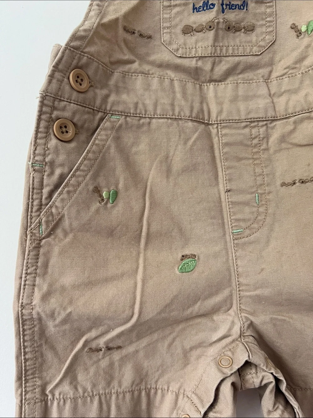 Gymboree Tan Short Overalls with Green Embroidery
